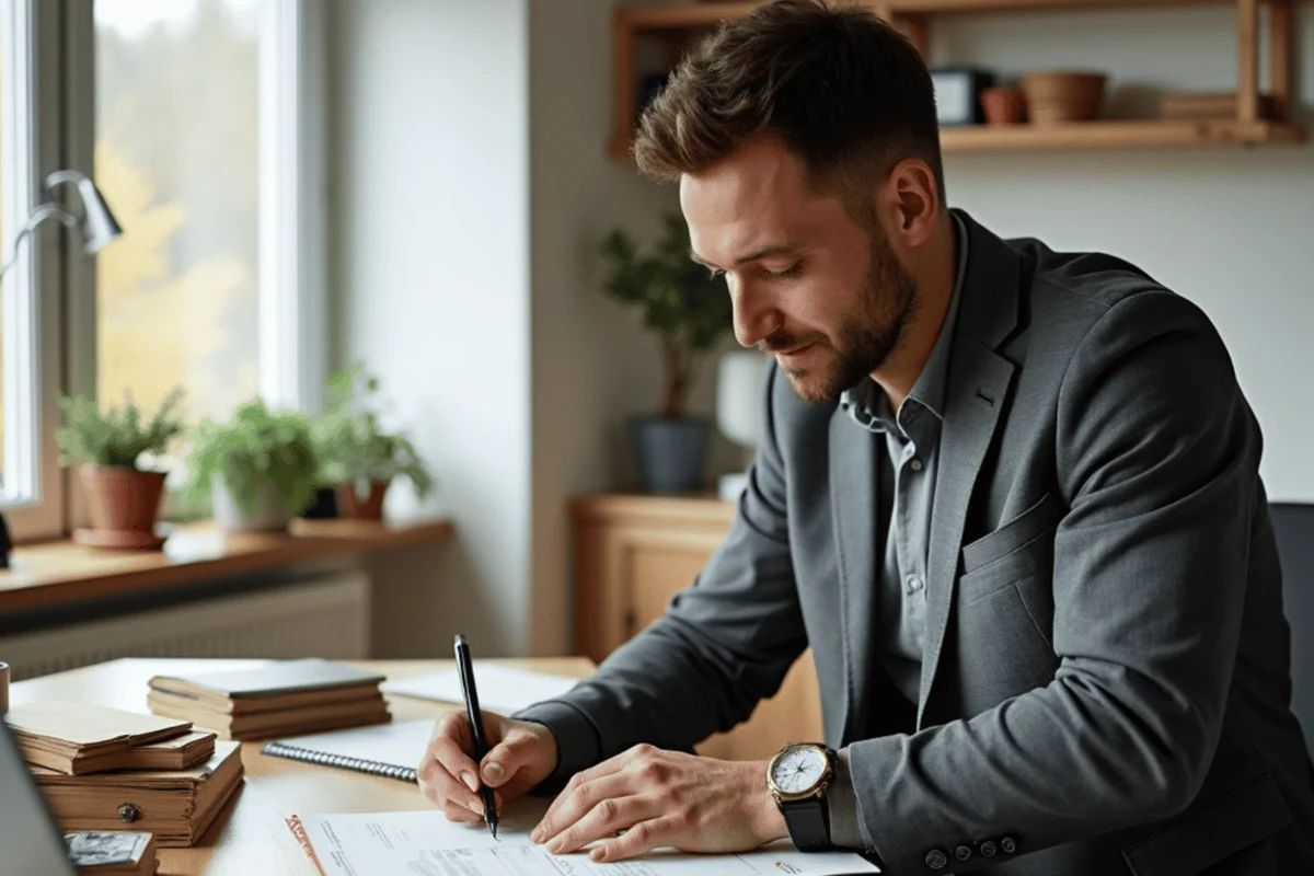Professional writing notes at a desk in a home office setting.