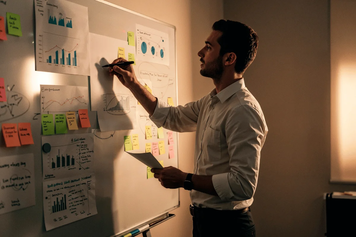 A person in a white shirt writes on a whiteboard covered with charts and colorful sticky notes, focusing intently in a dimly lit room.